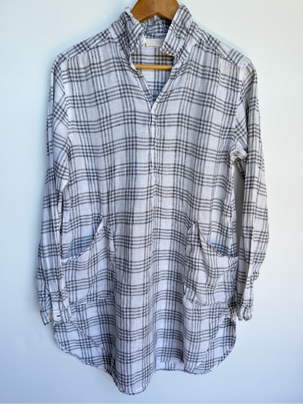 CP Shades 100% Linen Tunic Shirt Dress Pockets Windowpane Long Sleeve USA Made M